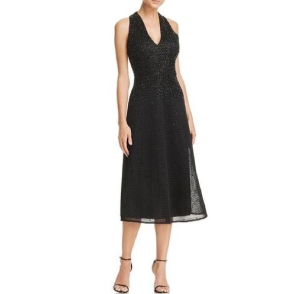 AIDAN MATTOX Beaded Mesh Net Tea Length Cocktail Dress Black - Picture 1 of 4